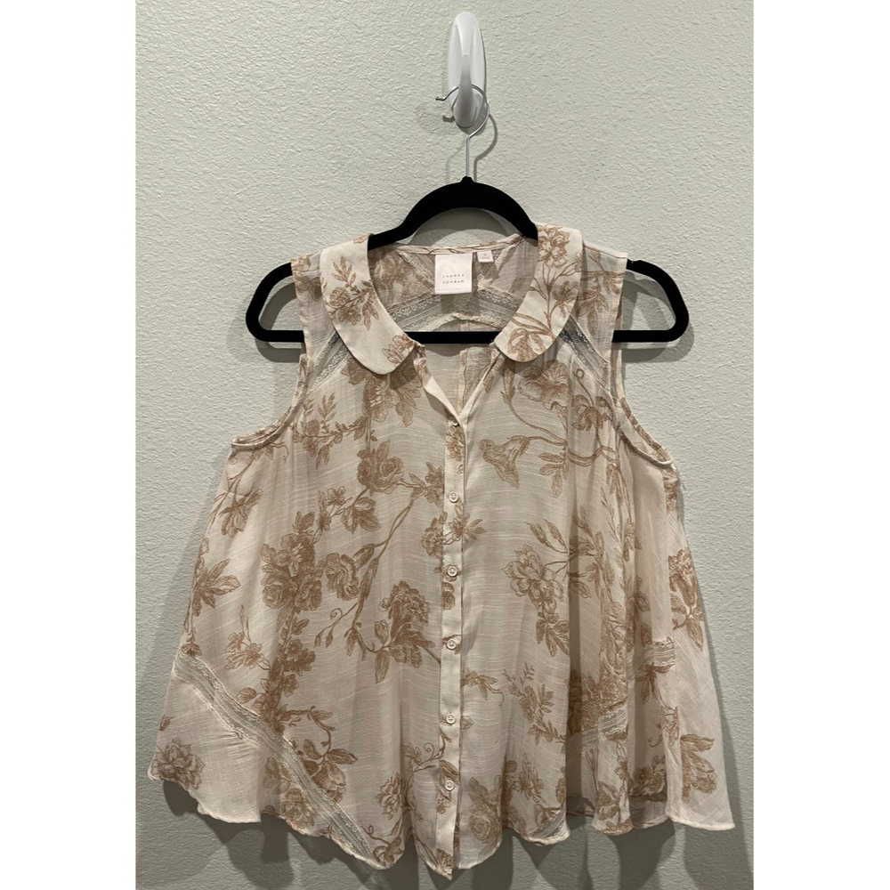 LAUREN CONRAD Beige Tan Floral Sleeveless Blouse